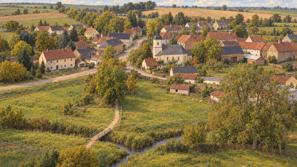 Künstlerischer Ansichtsversuch: Unterwerschener Dorfkern mit Kirche, gebogener Straße, Höfen und offenen Bachwiesen, ungefähr zum Kartenstand 1912